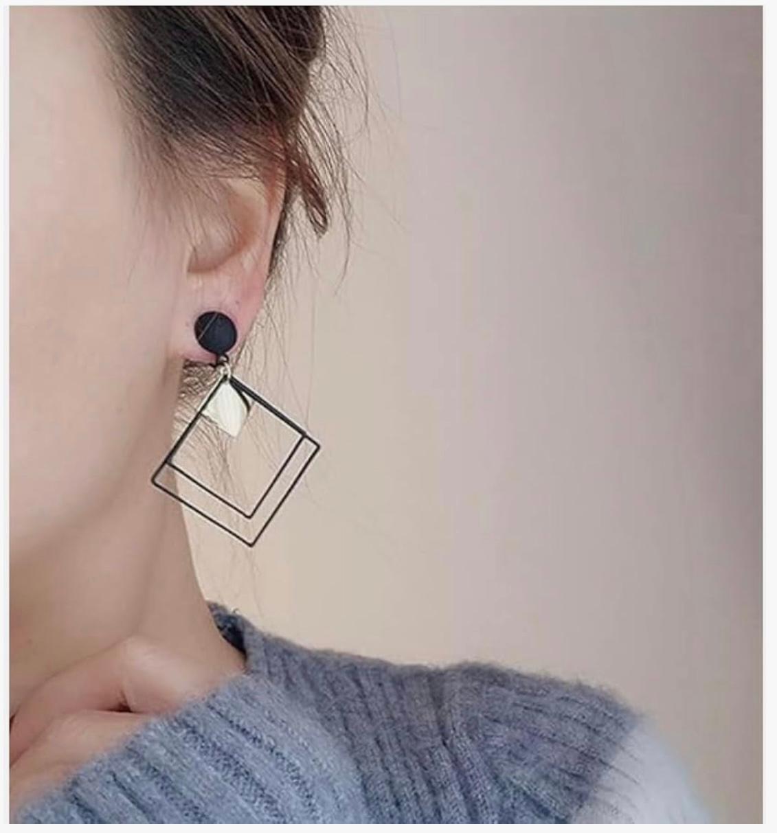 Piercing Concise Style Alloy Double Square Dangle Earrings
