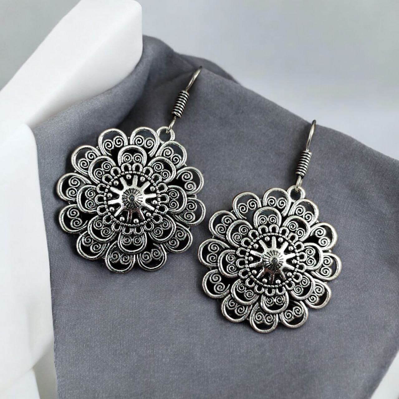 Oxidised Flower Art Earrings | Adorable Hook Design Earrings