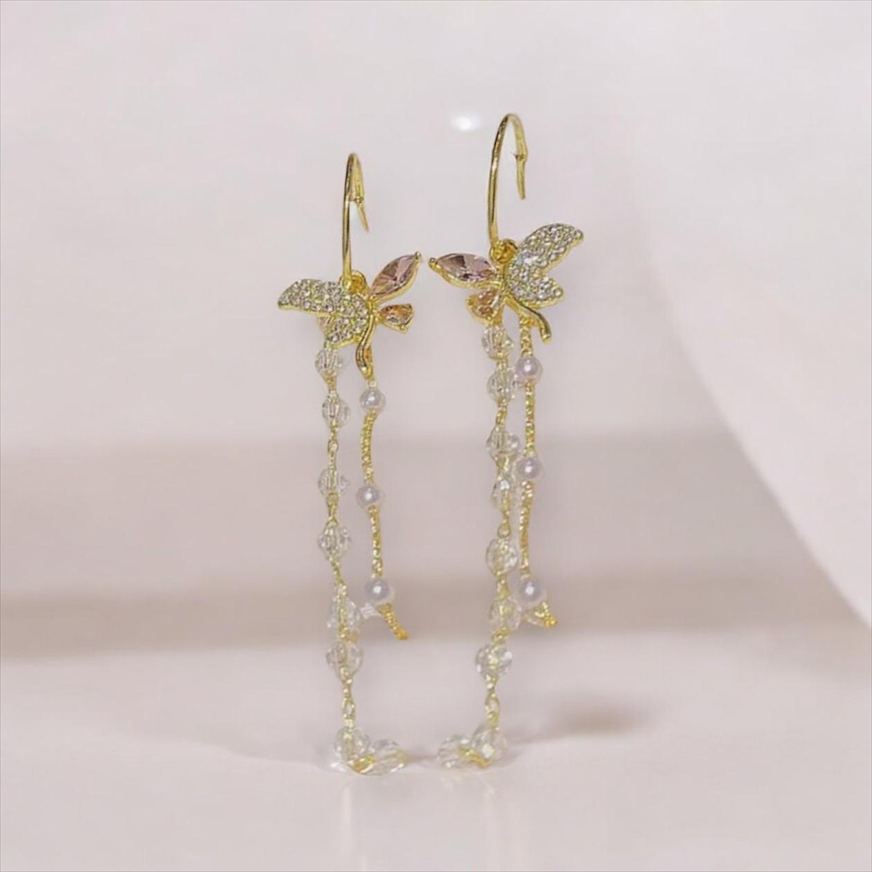 Shiny Faux Crystal Rhinestone Butterflies Shape Crystal Pearl Earrings