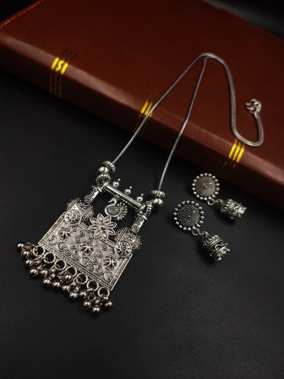 Oxidised Chain Peacock Necklace With Jhumka Earrings – Navari Fashion