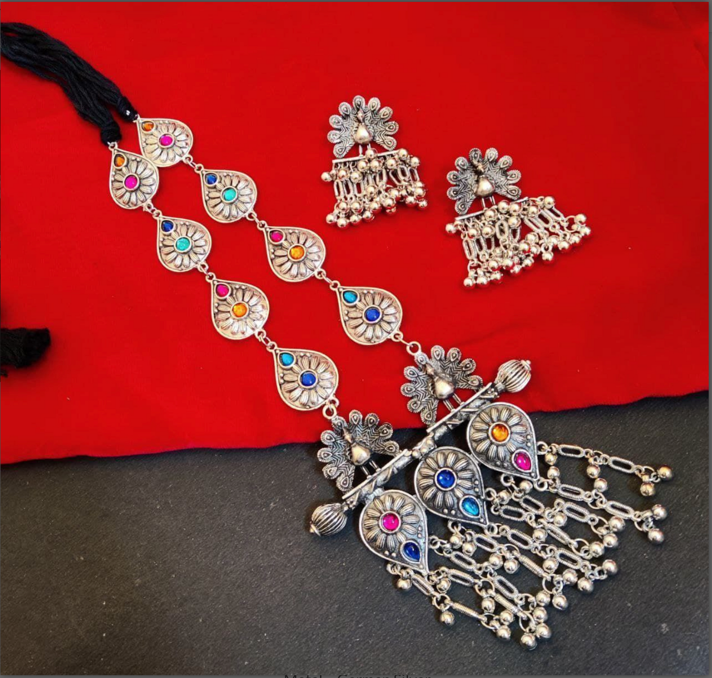 Adjustable Thread Peacock Necklace | German Silver Stone Work Navratri Special Jewellery