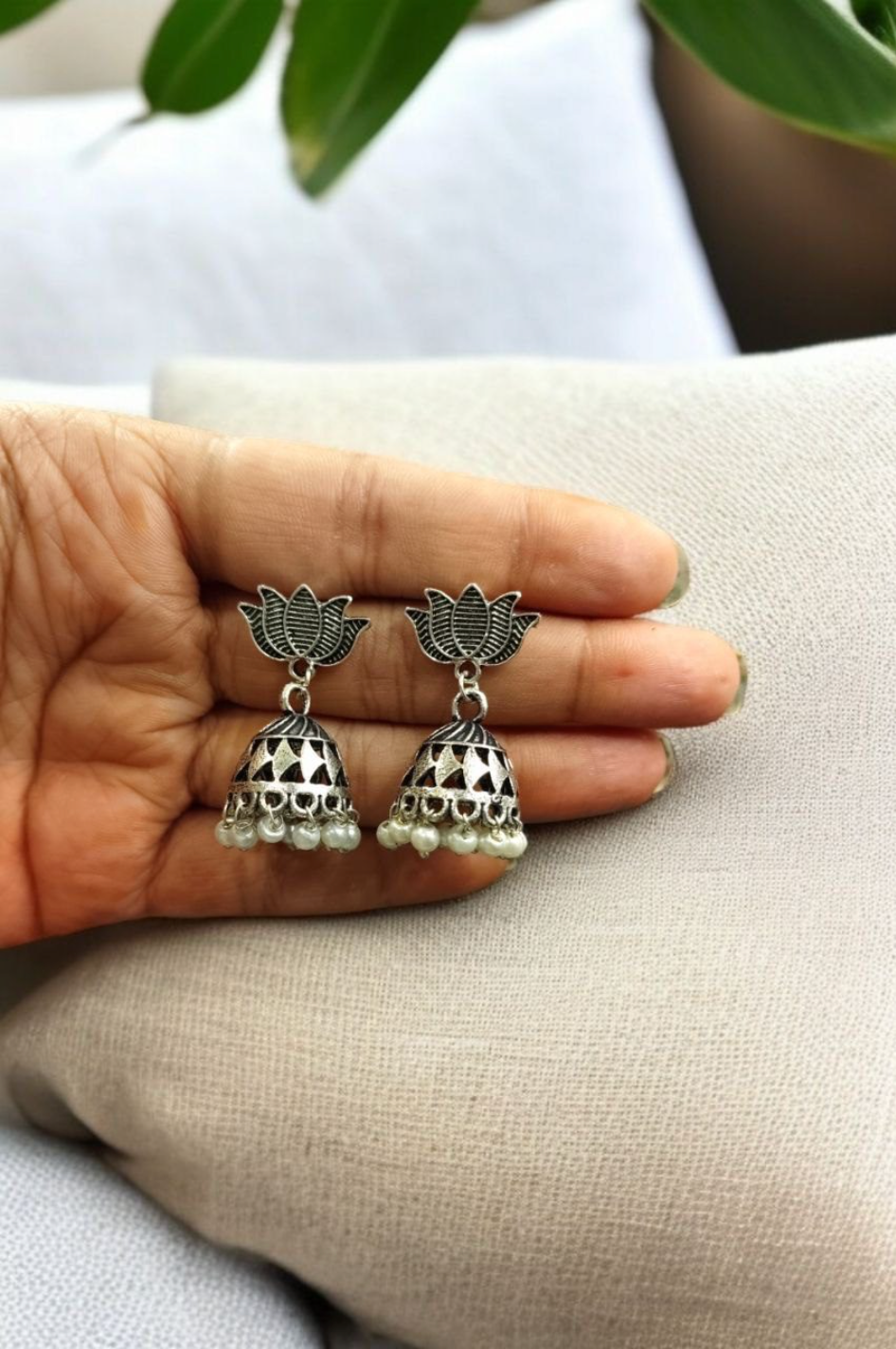 Amazing Handcrafted Oxidised Lotus Earrings with Pearl Work