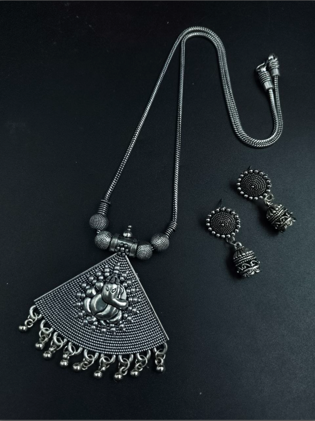 Designer Ganesha Silver Plated Necklace Set