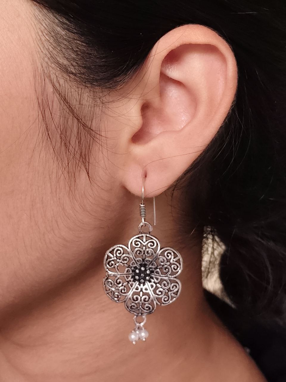 Pearl Hook Ethnic German Silver Flower Earrings