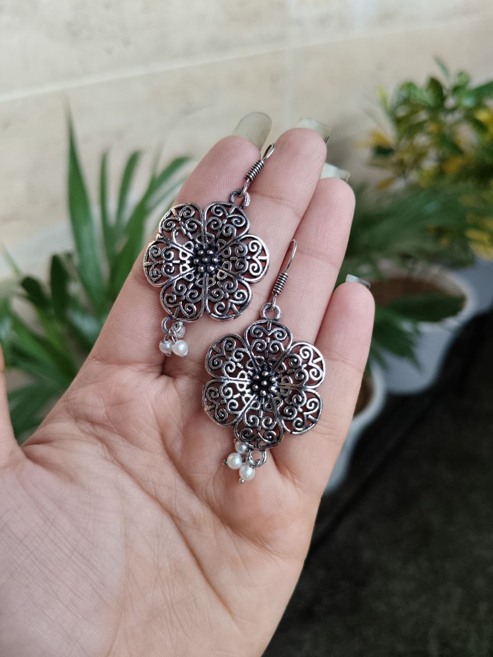 Pearl Hook Ethnic German Silver Flower Earrings