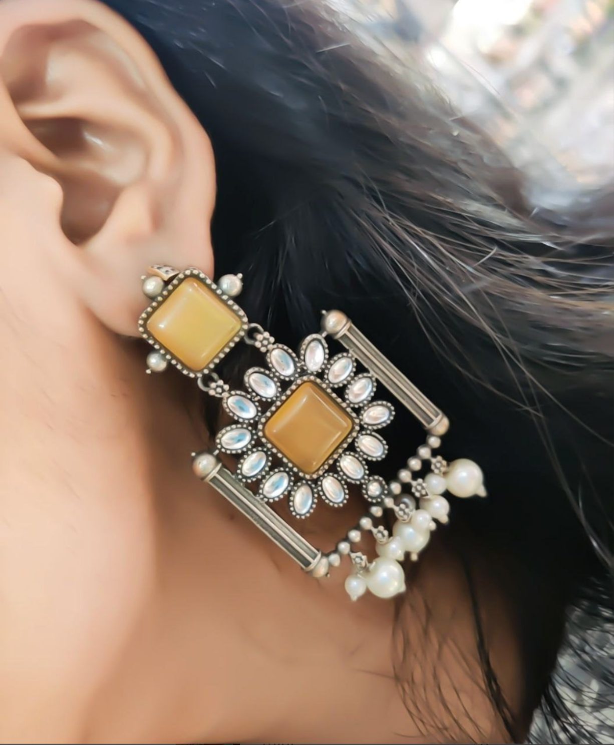 Silver Replica Square Monalisa Stone Dangler Earrings