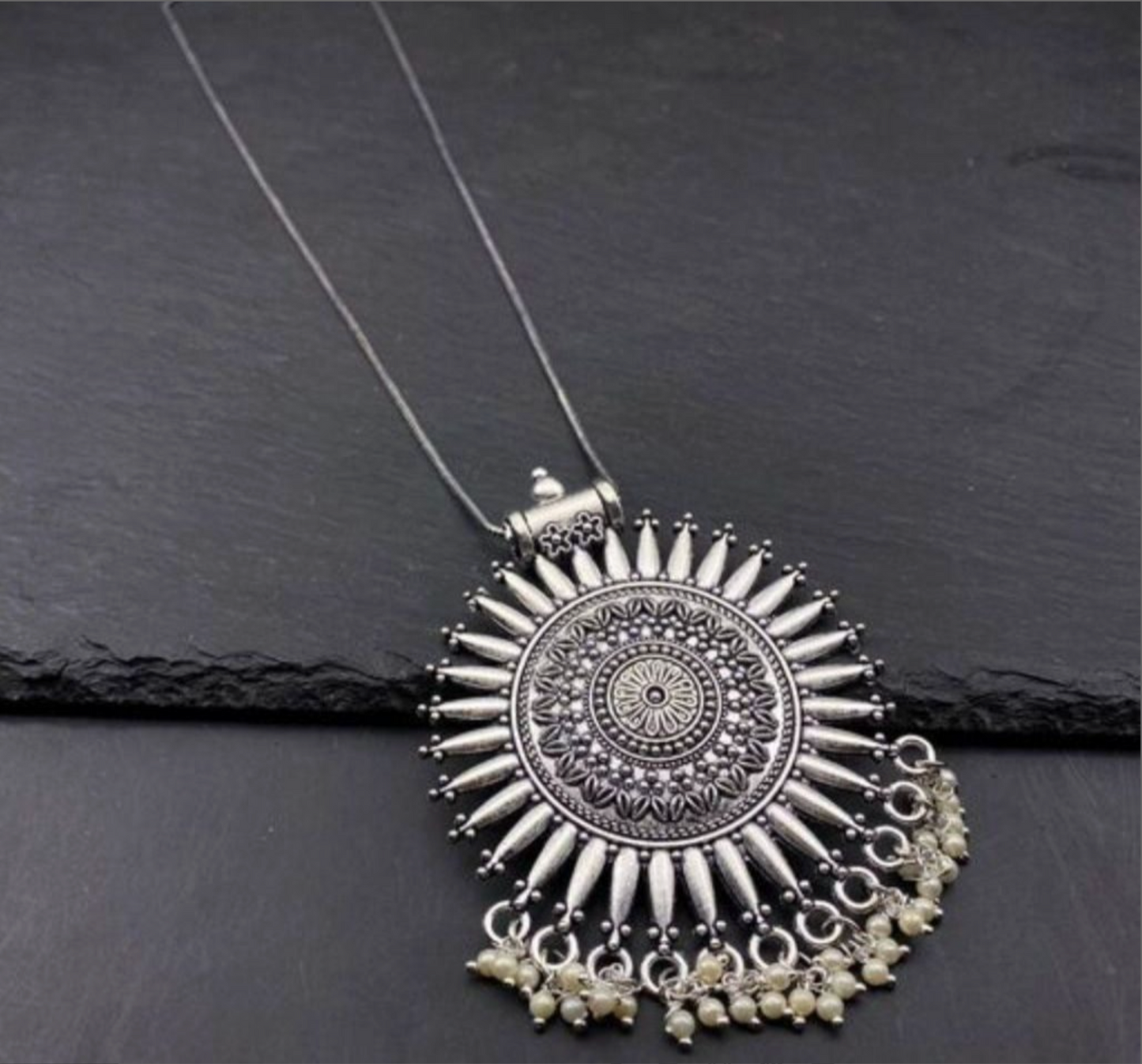 Antique Silver Oxidised Statement Pendant Necklace with Matching Earrings
