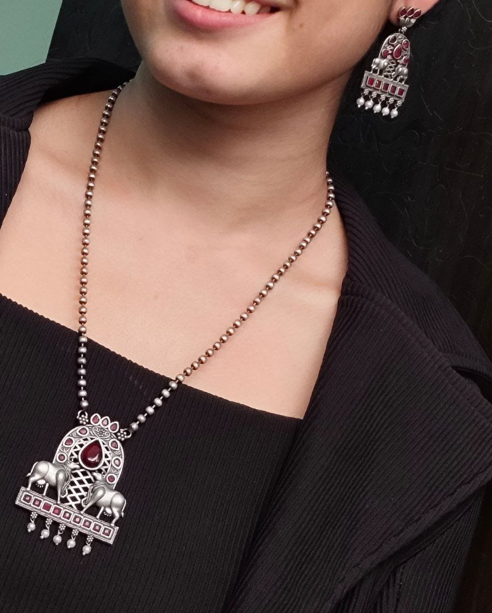 Silver Oxidised Nandi Pendant Necklace with Stone & Amazing Pearl work