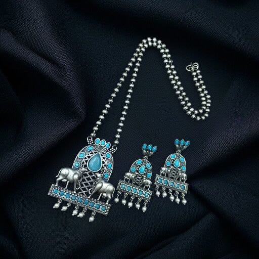 Silver Oxidised Nandi Pendant Necklace with Stone & Amazing Pearl work