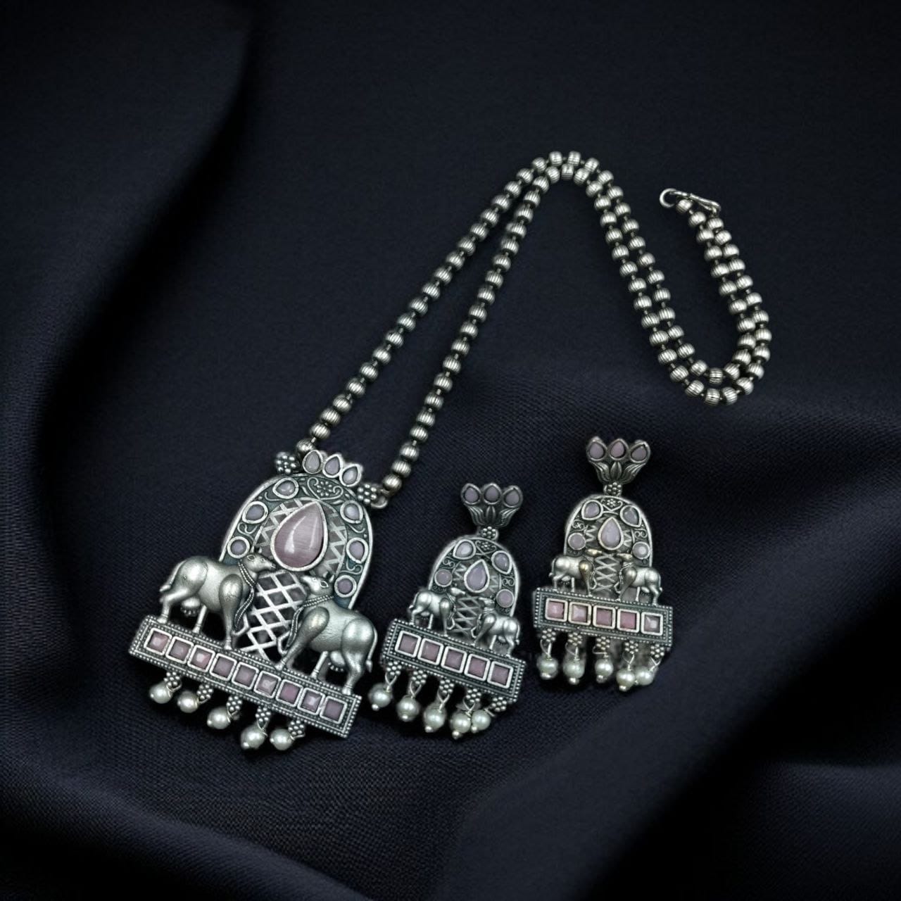 Silver Oxidised Nandi Pendant Necklace with Stone & Amazing Pearl work