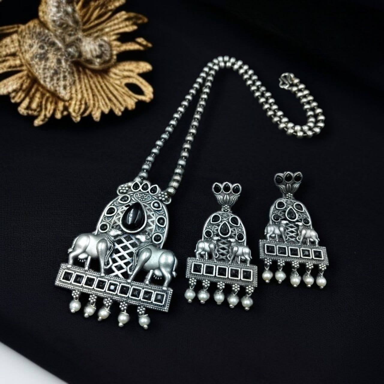 Silver Oxidised Nandi Pendant Necklace with Stone & Amazing Pearl work