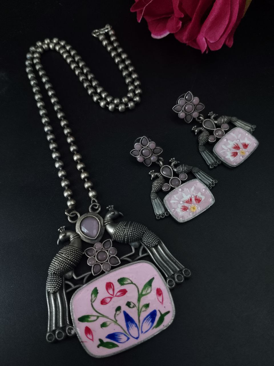 Traditional Hand Painted Silver Plated Peacock Ethnic Necklace Set