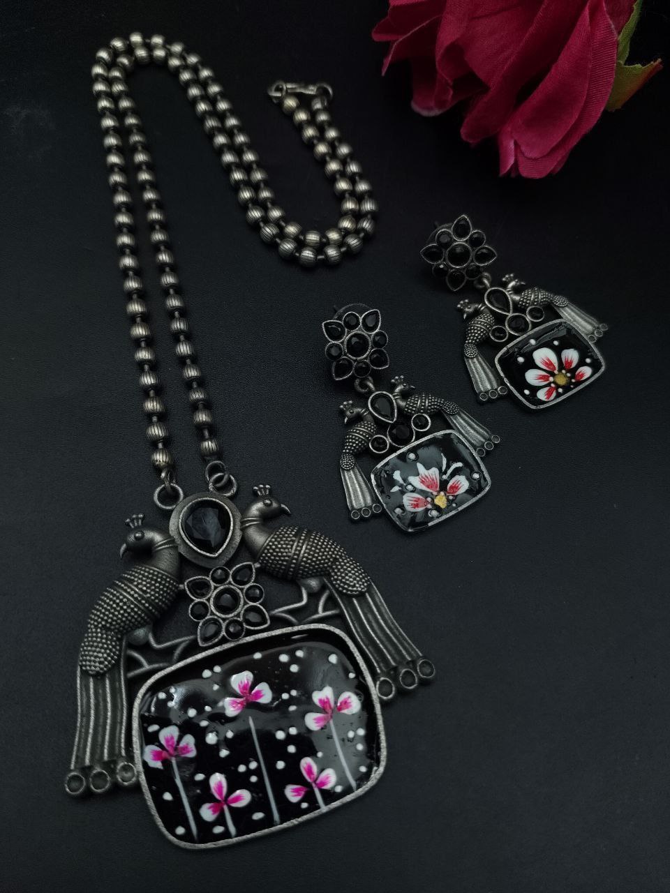 Traditional Hand Painted Silver Plated Peacock Ethnic Necklace Set