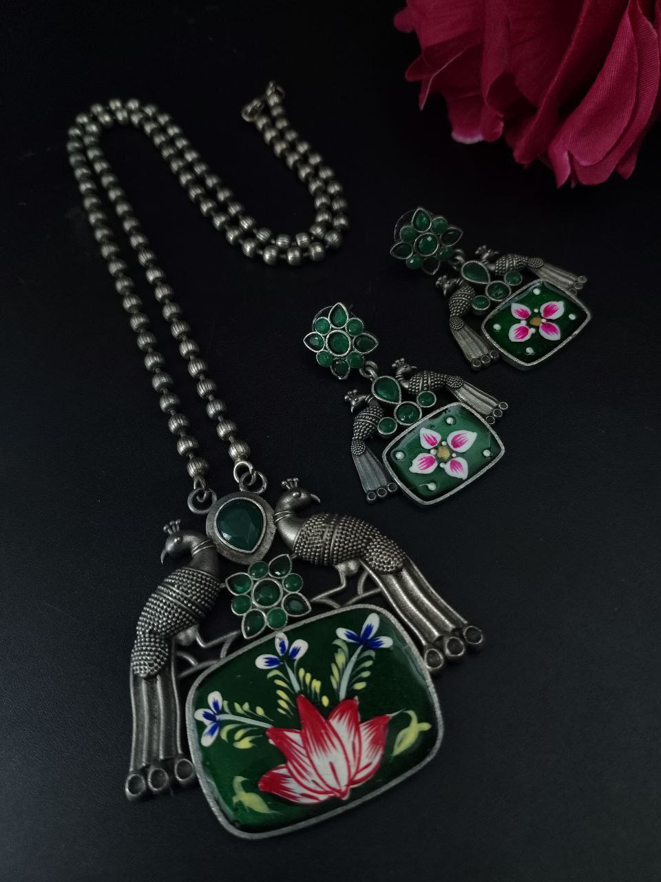 Traditional Hand Painted Silver Plated Peacock Ethnic Necklace Set