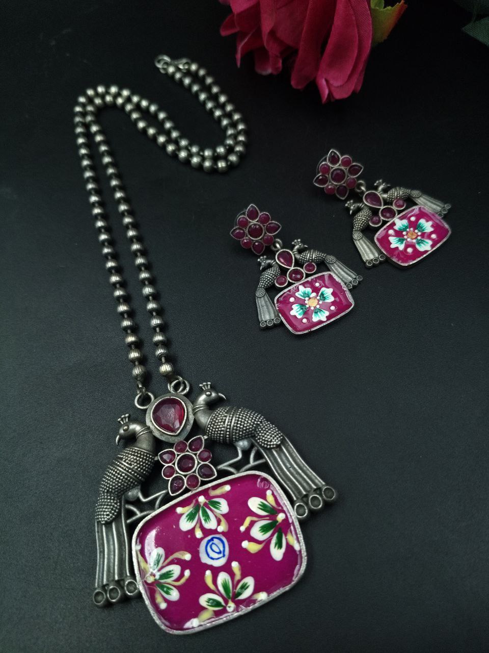 Traditional Hand Painted Silver Plated Peacock Ethnic Necklace Set