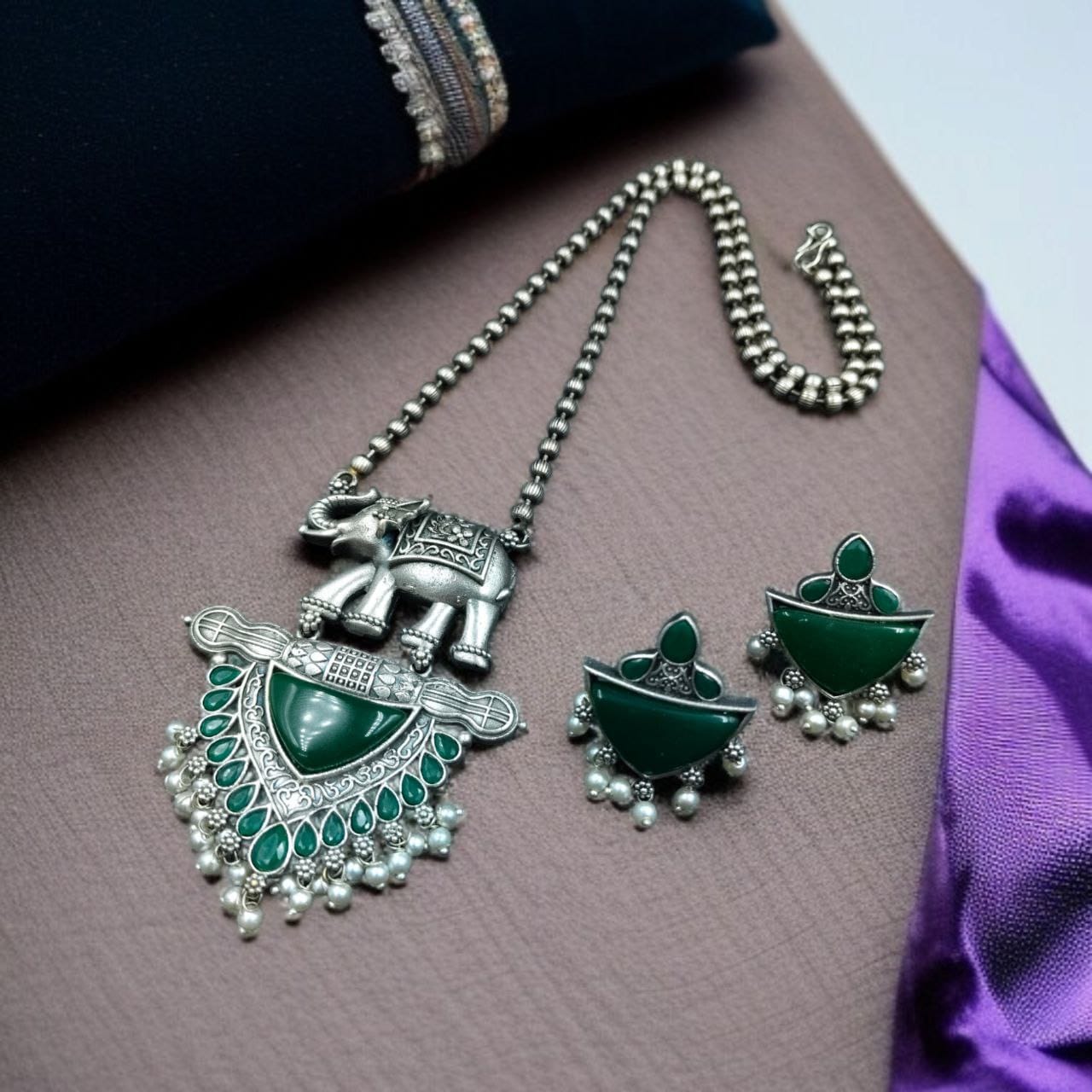 Traditional Oxidised Elephant Necklace Set with Best Monalisa Stone & Pearl Beads