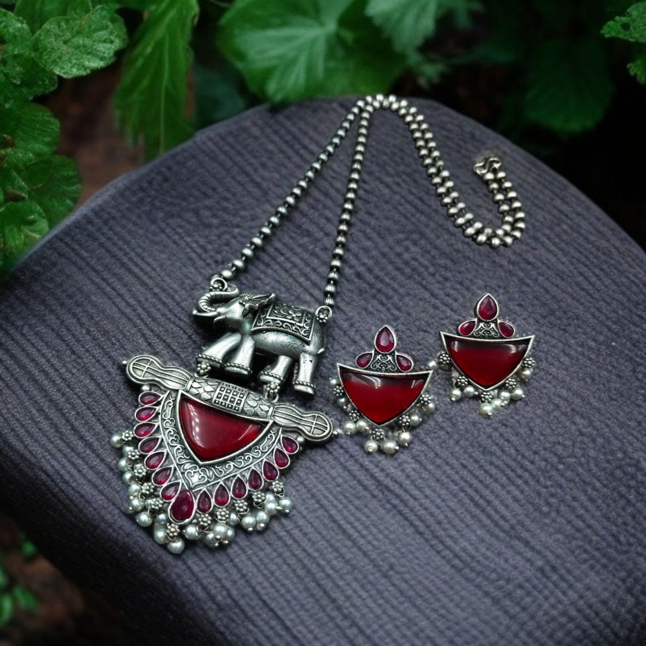 Traditional Oxidised Elephant Necklace Set with Best Monalisa Stone & Pearl Beads