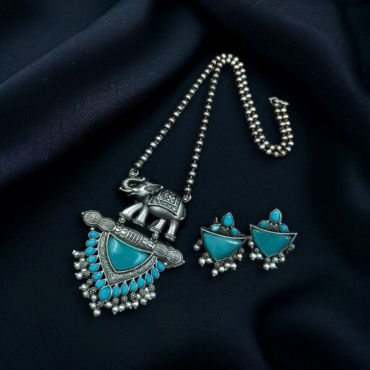 Traditional Oxidised Elephant Necklace Set with Best Monalisa Stone & Pearl Beads