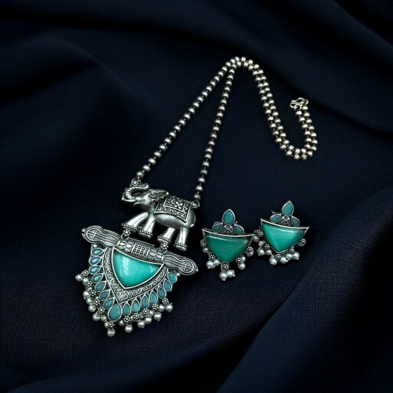 Traditional Oxidised Elephant Necklace Set with Best Monalisa Stone & Pearl Beads