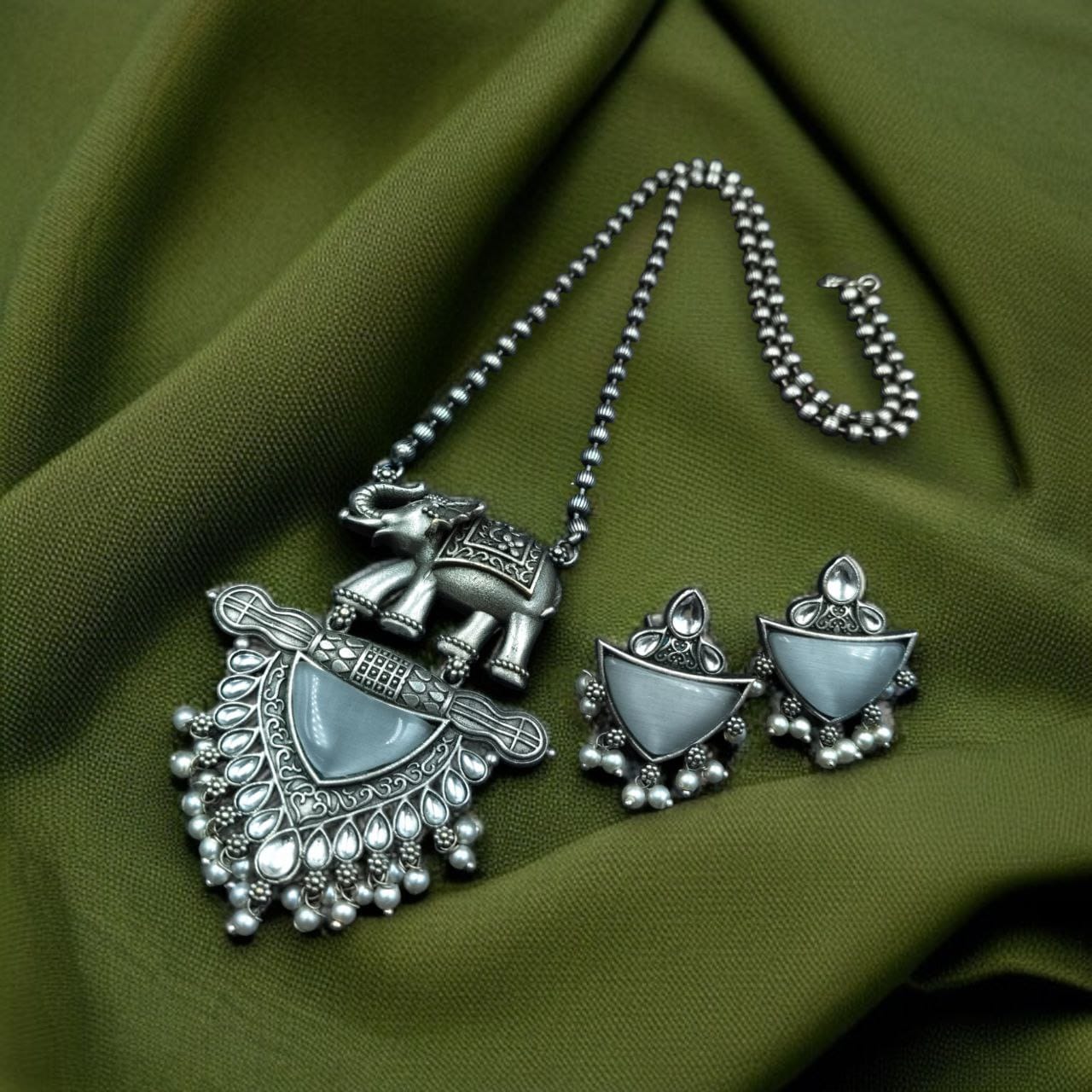 Traditional Oxidised Elephant Necklace Set with Best Monalisa Stone & Pearl Beads