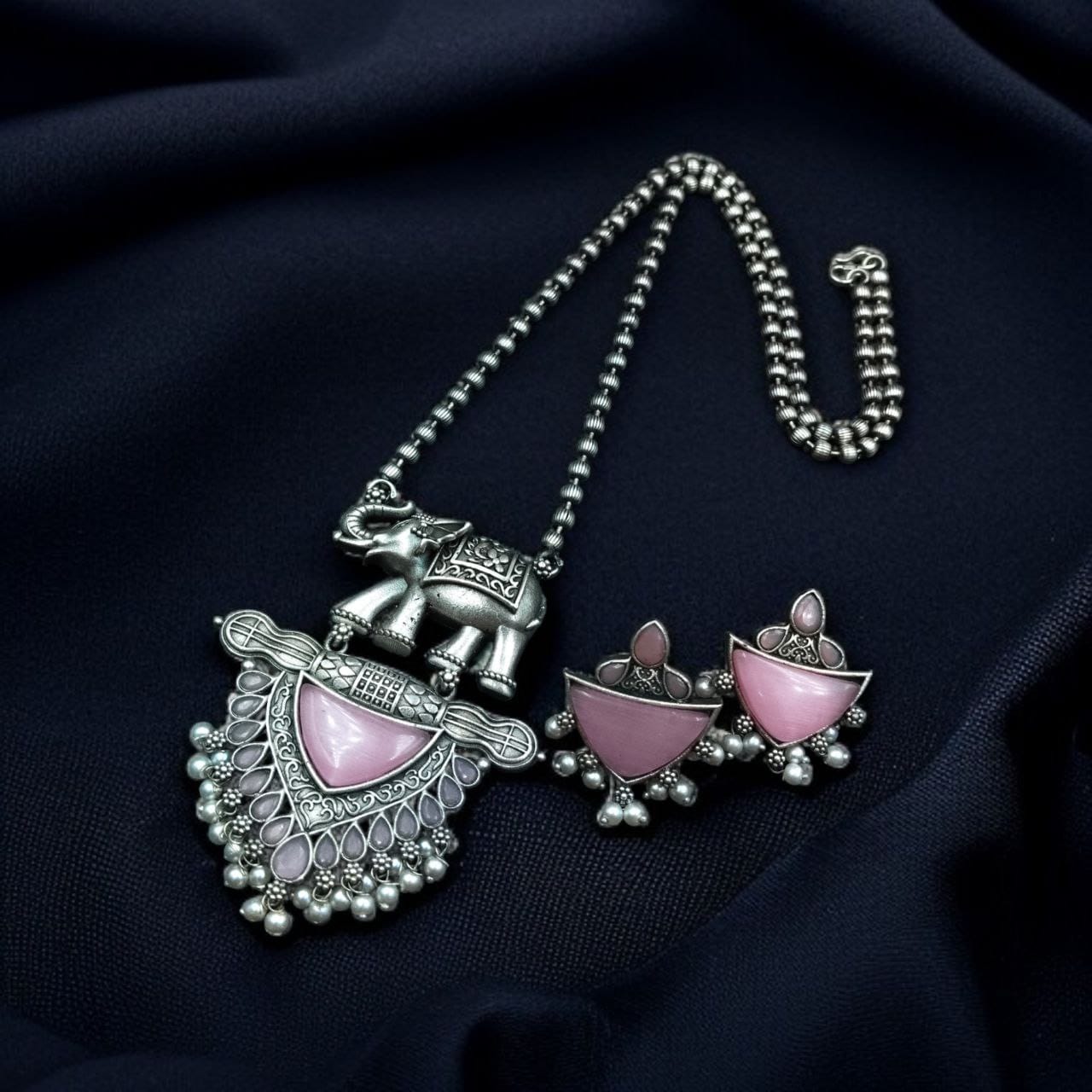 Traditional Oxidised Elephant Necklace Set with Best Monalisa Stone & Pearl Beads