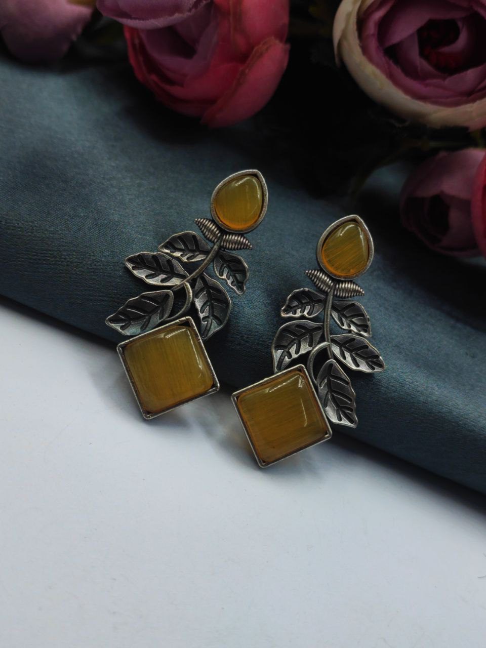 Designer Leaf Earrings With Monalisa Silver Replica Stud Earring