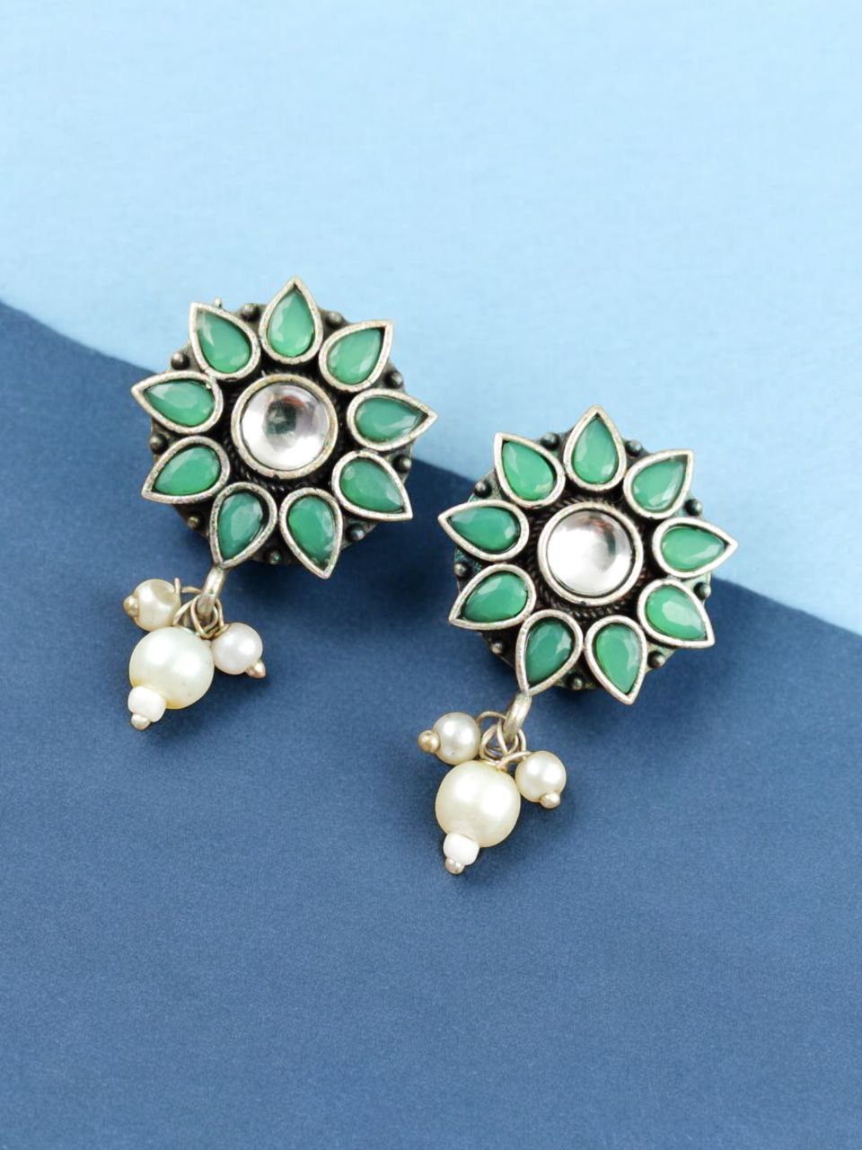 Silver Replica Flower Studs With Pearl Beads