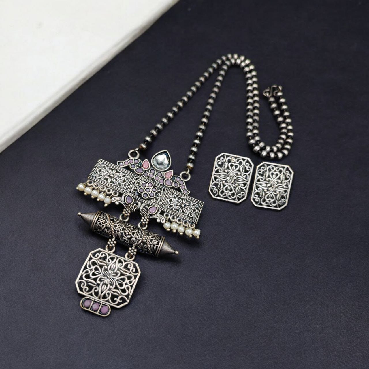 Silver Look Necklace Set | Premium Unique Oxidised Pendant With Earrings