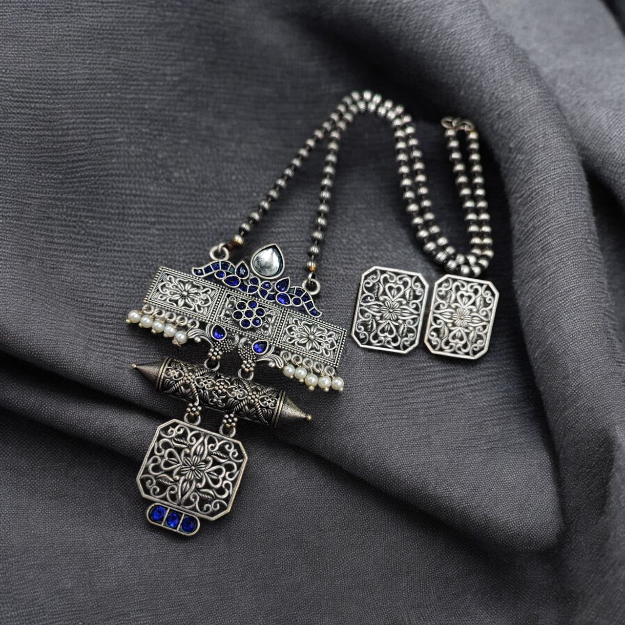 Silver Look Necklace Set | Premium Unique Oxidised Pendant With Earrings