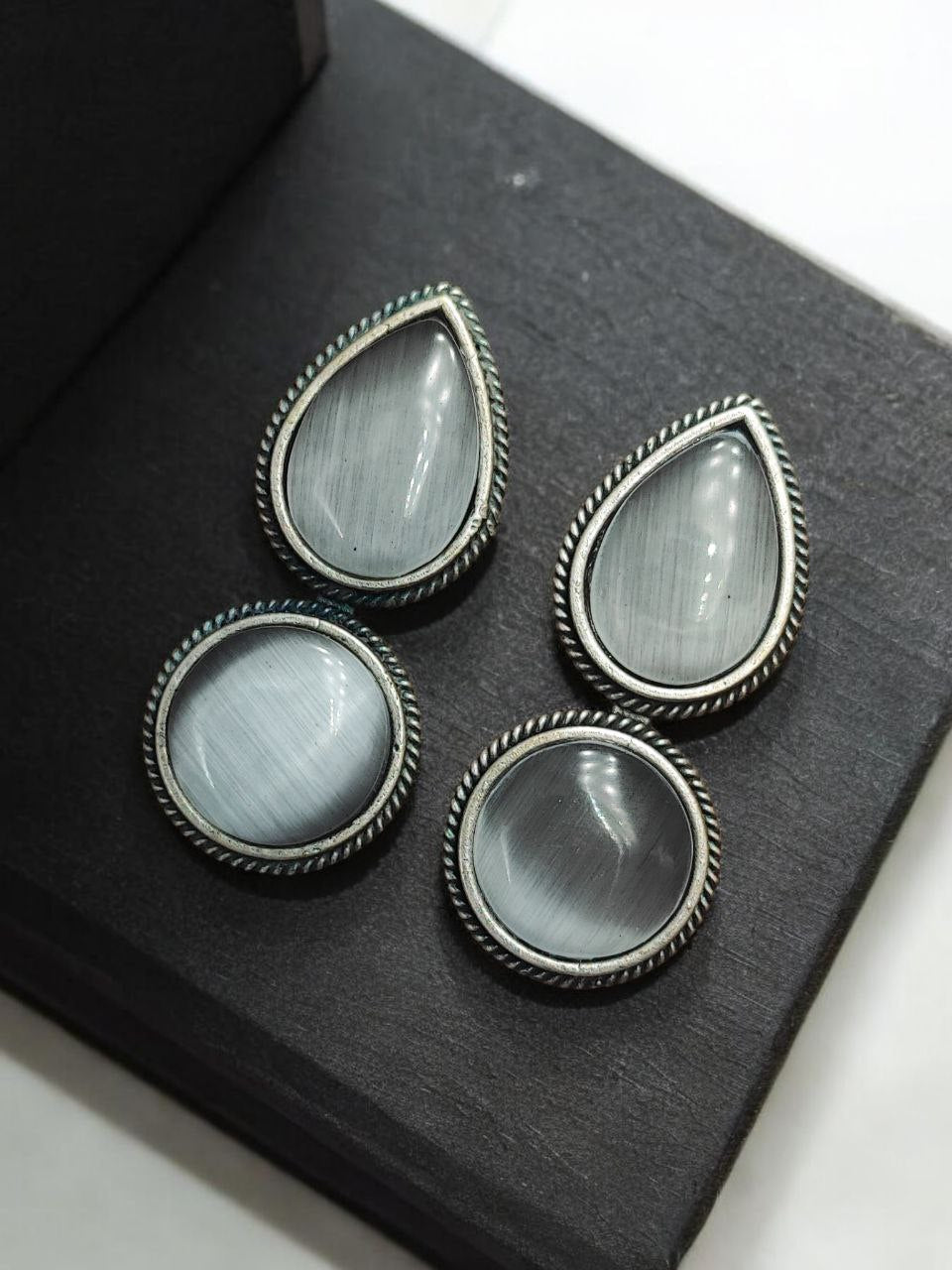 Adorable Dual Monalisa Stone Silver Look Like Earrings