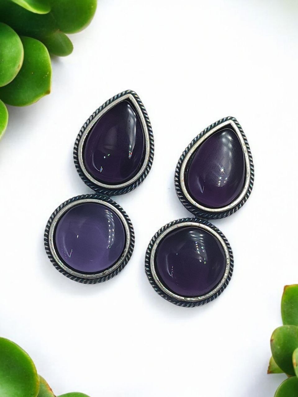 Adorable Dual Monalisa Stone Silver Look Like Earrings