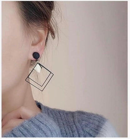 Piercing Concise Style Alloy Double Square Dangle Earrings