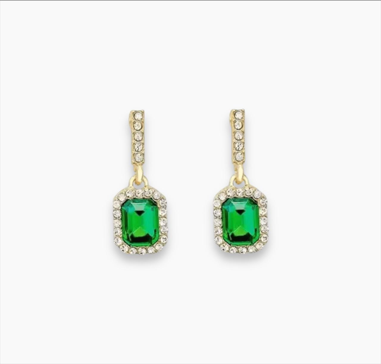 Luxury Golden Plated Green Stone Crystal Decor Drop Earrings