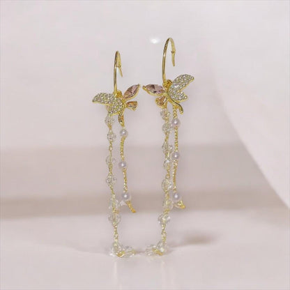 Shiny Faux Crystal Rhinestone Butterflies Shape Crystal Pearl Earrings