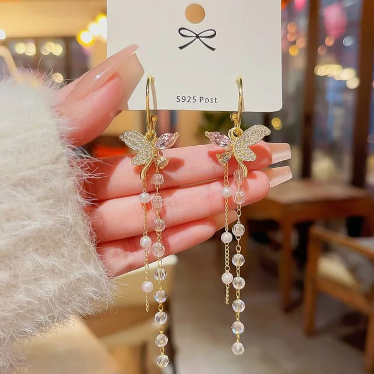 Shiny Faux Crystal Rhinestone Butterflies Shape Crystal Pearl Earrings