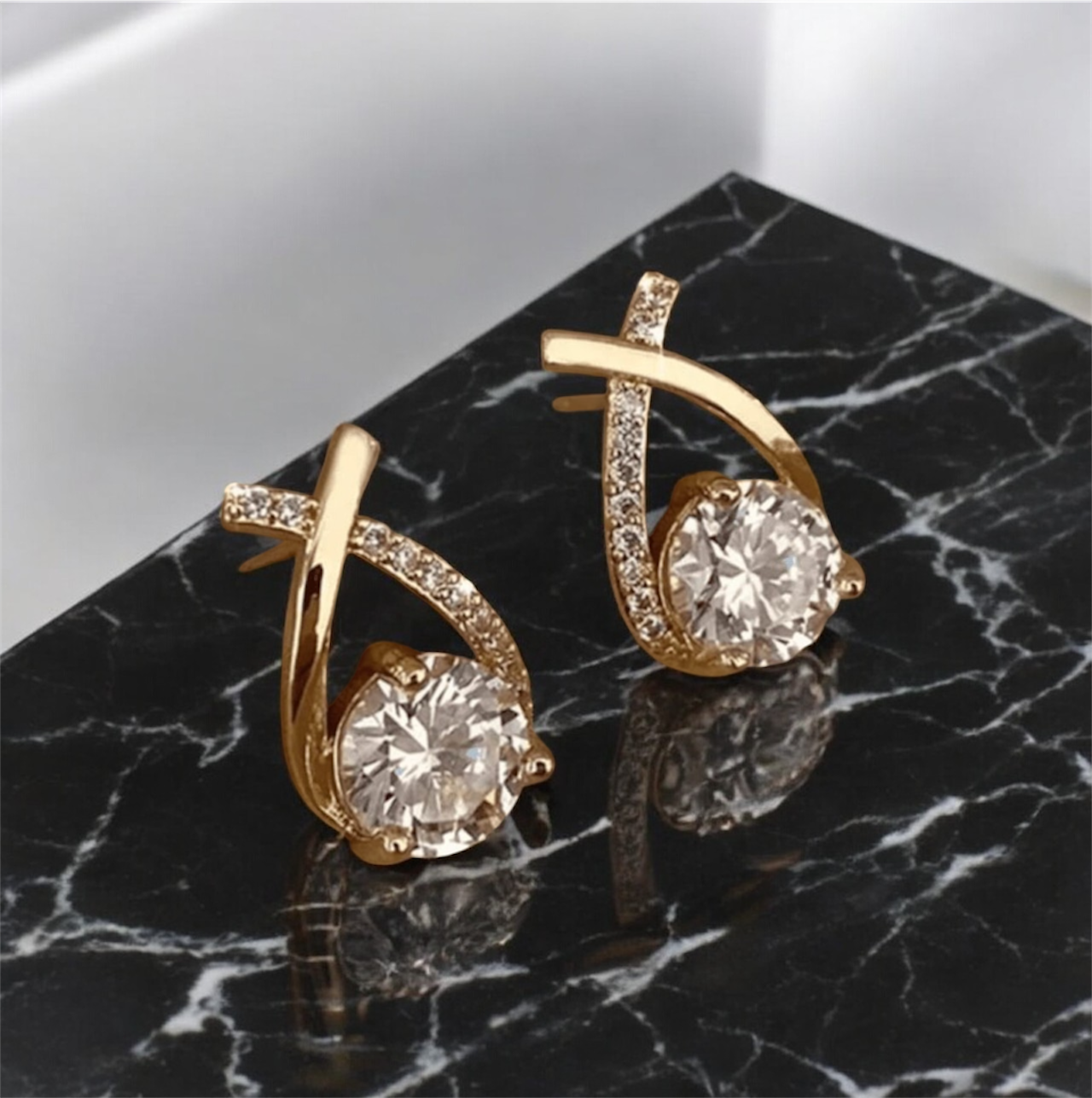 Crystal Cross Cubic Zirconia Gold Plated Diamond Stud Earrings