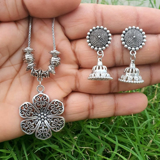 Flower Style Oxidised Chain Necklace With Jhumka Earrings