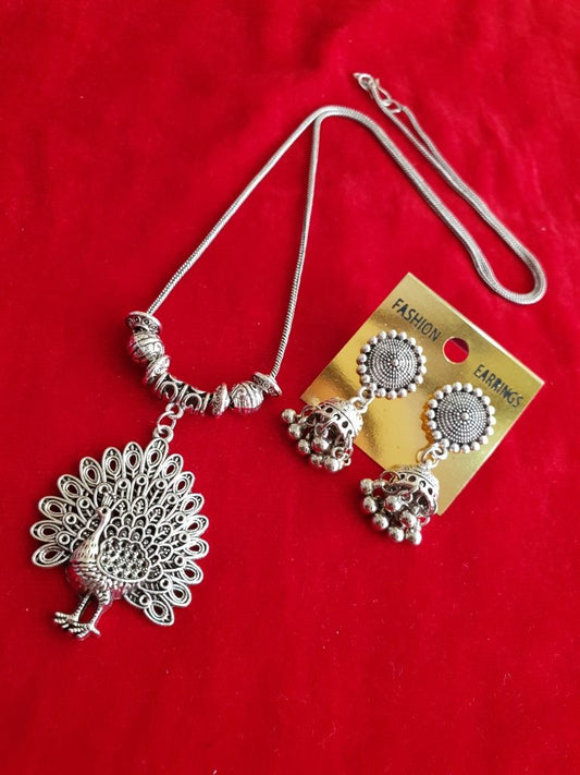 Oxidised Peacock Shape Chain Necklace With Jhumka Earrings