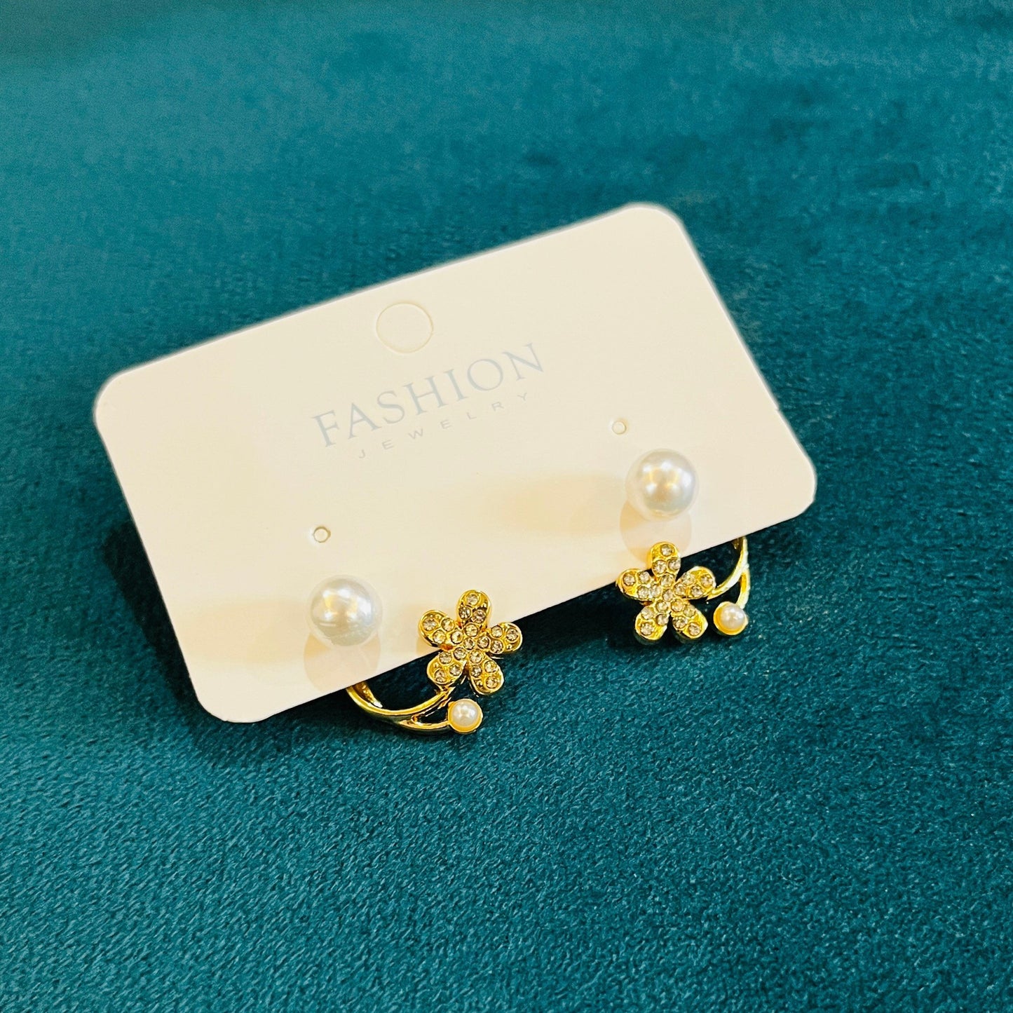 Gold Plated Crystal Flower with Crystal Pearl Ear Jackets