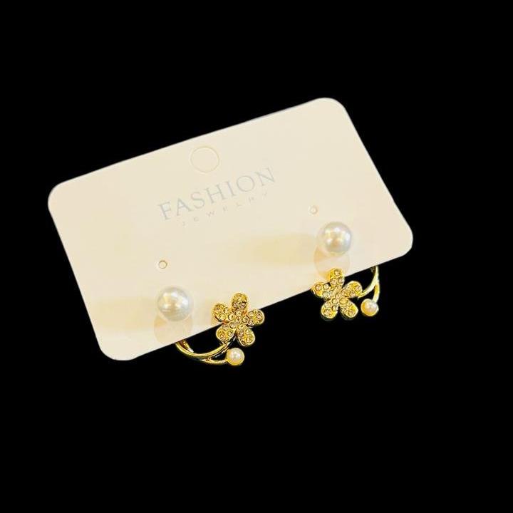 Gold Plated Crystal Flower with Crystal Pearl Ear Jackets