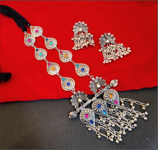 Adjustable Thread Peacock Necklace | German Silver Stone Work Navratri Special Jewellery