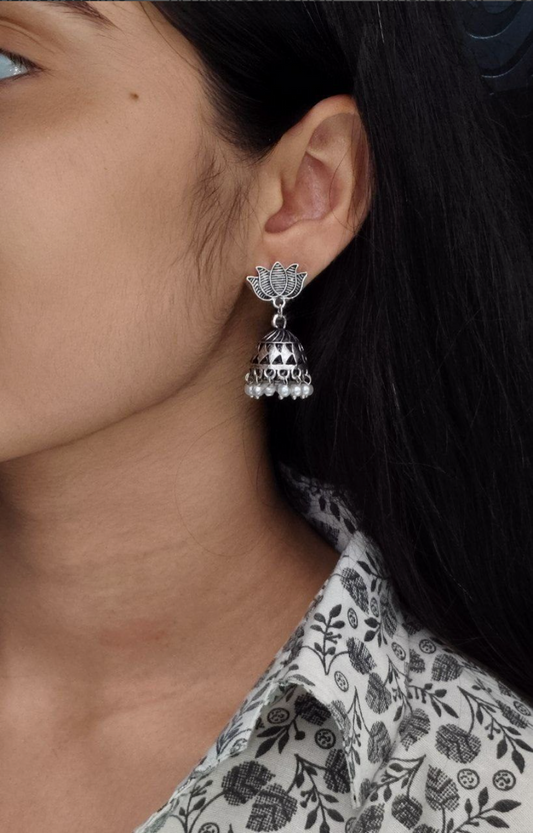 Amazing Handcrafted Oxidised Lotus Earrings with Pearl Work