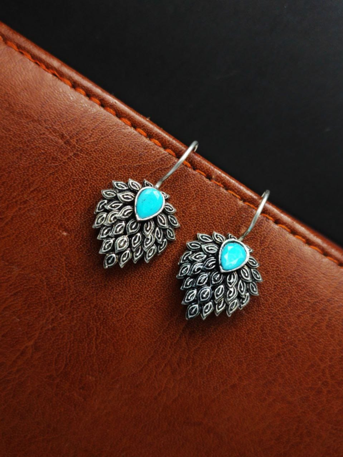 Daily Wear Oxidised Stone Feather Style Hook Earrings