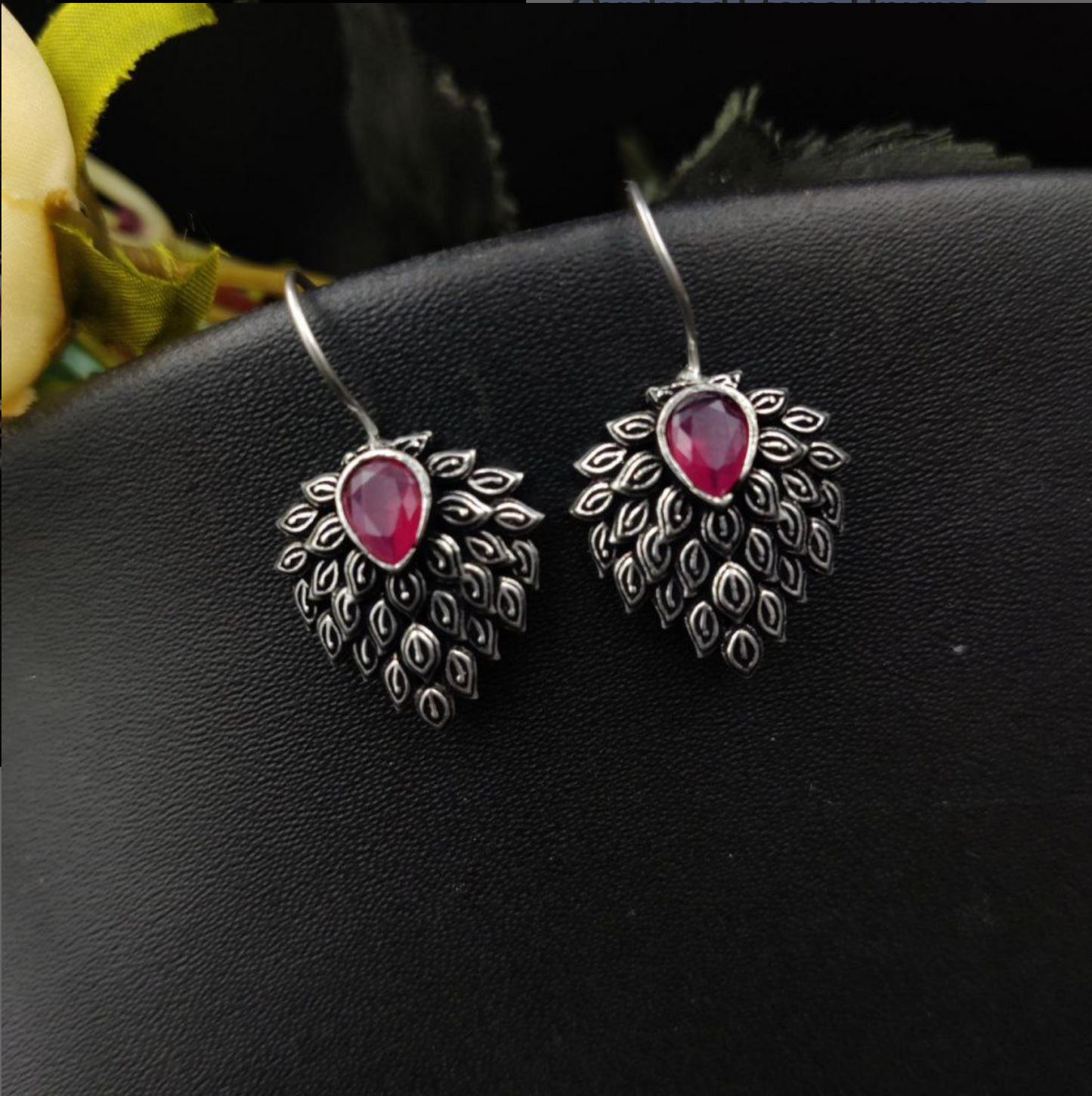 Daily Wear Oxidised Stone Feather Style Hook Earrings