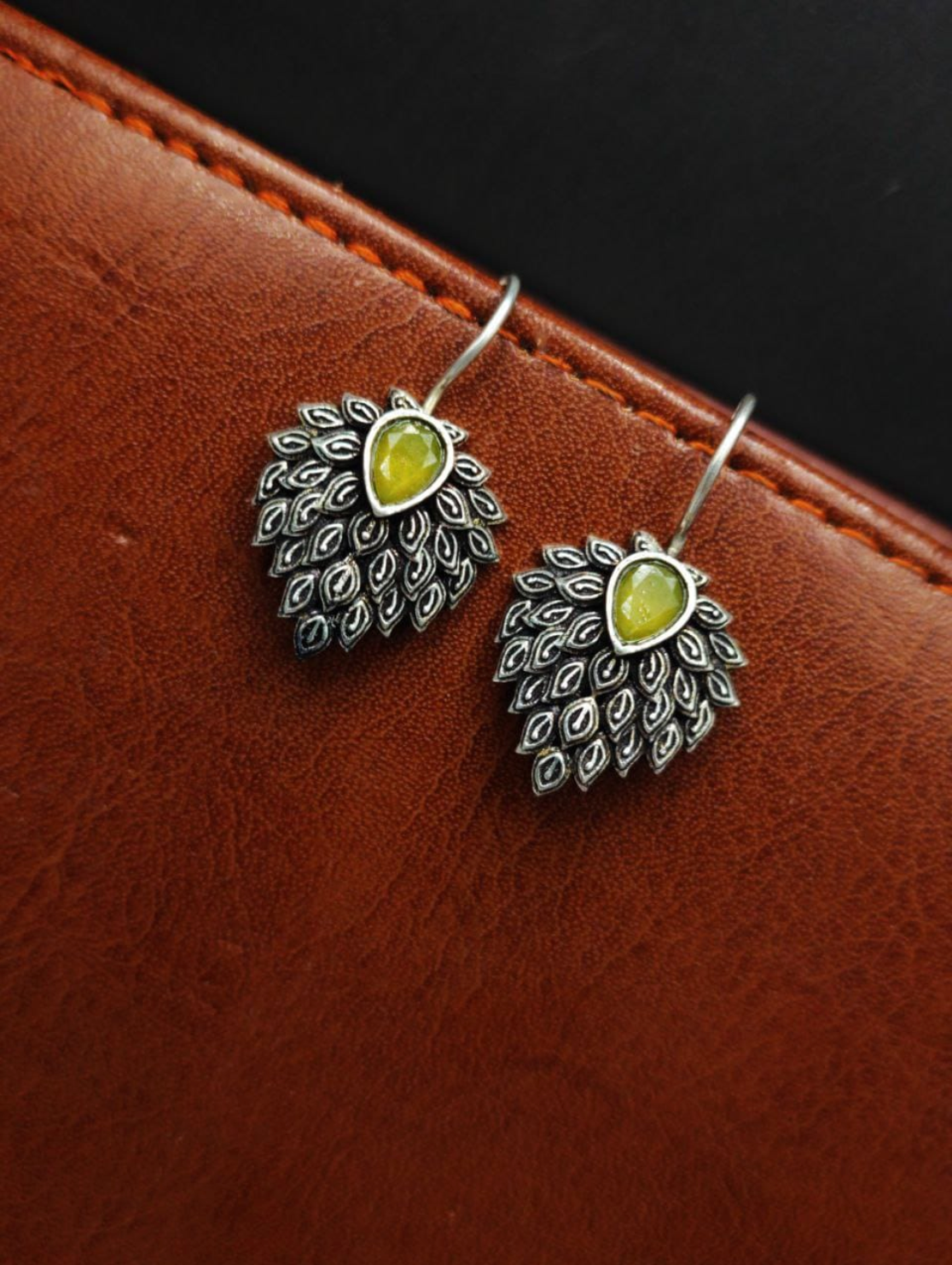 Daily Wear Oxidised Stone Feather Style Hook Earrings