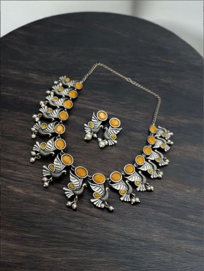Oxidised Bird Design Choker Necklace Set | Traditional Jaipur Jewellery