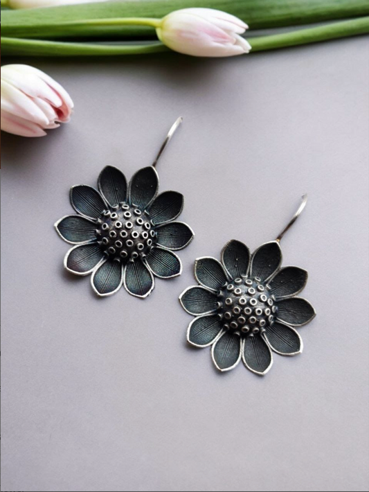 Oxidised Flower Hook Style Earrings