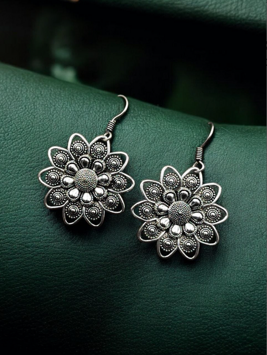 Oxidised Flower Shape German Silver Hook Earrings