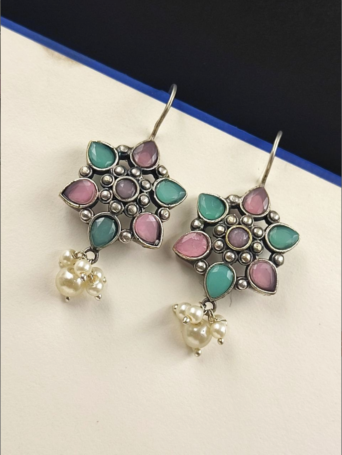 Oxidised Silver Alike Stone Stud Earrings
