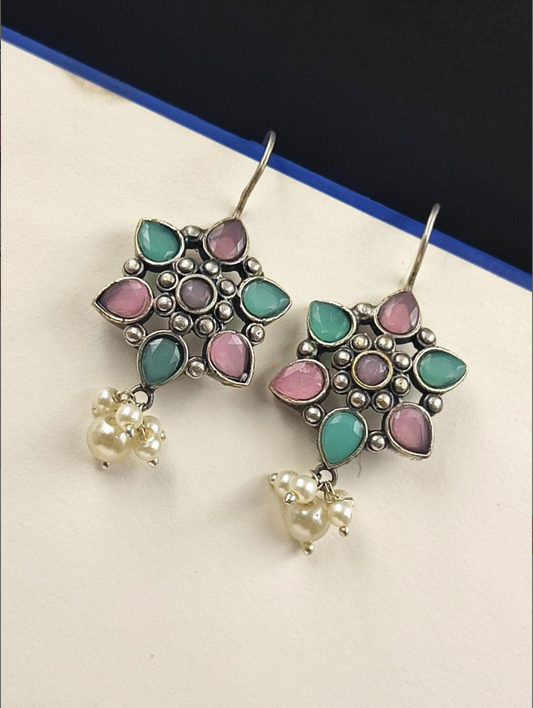 Oxidised Silver Alike Stone Stud Earrings